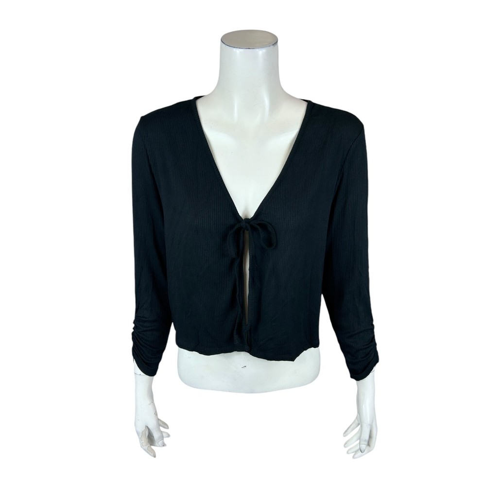 Truth + Style Women's Knit Tie Front Cropped Cardigan Solid Black Medium Size